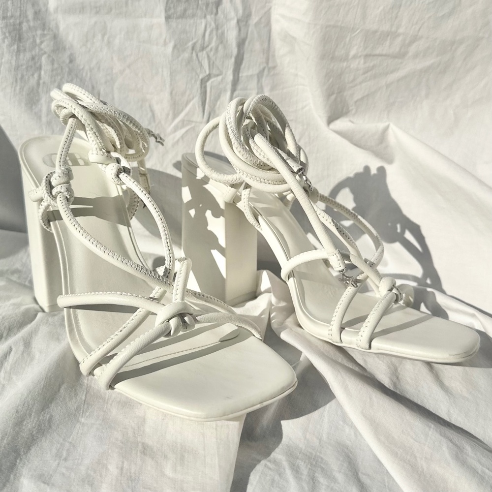 White Knotted Strappy Ankle Block Heel w Star Charm
